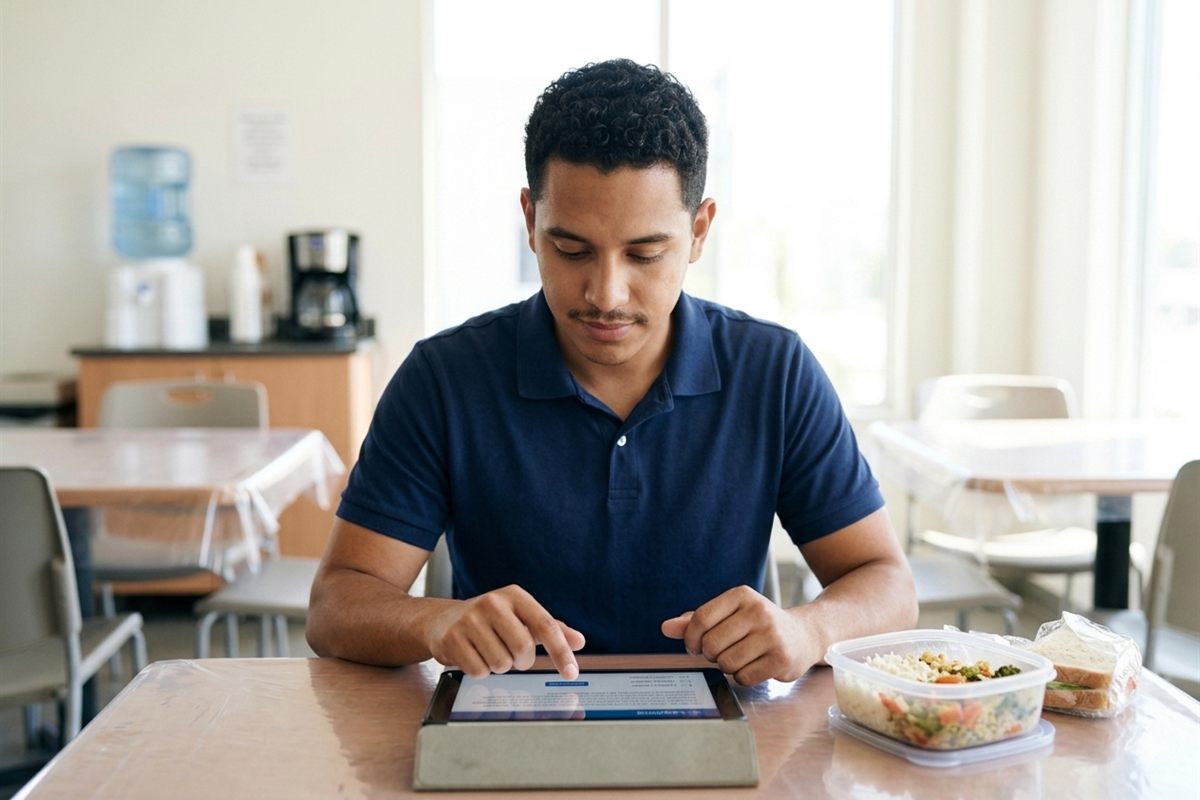 A man working through a chapter of the online clinic on a tablet during his lunch break.