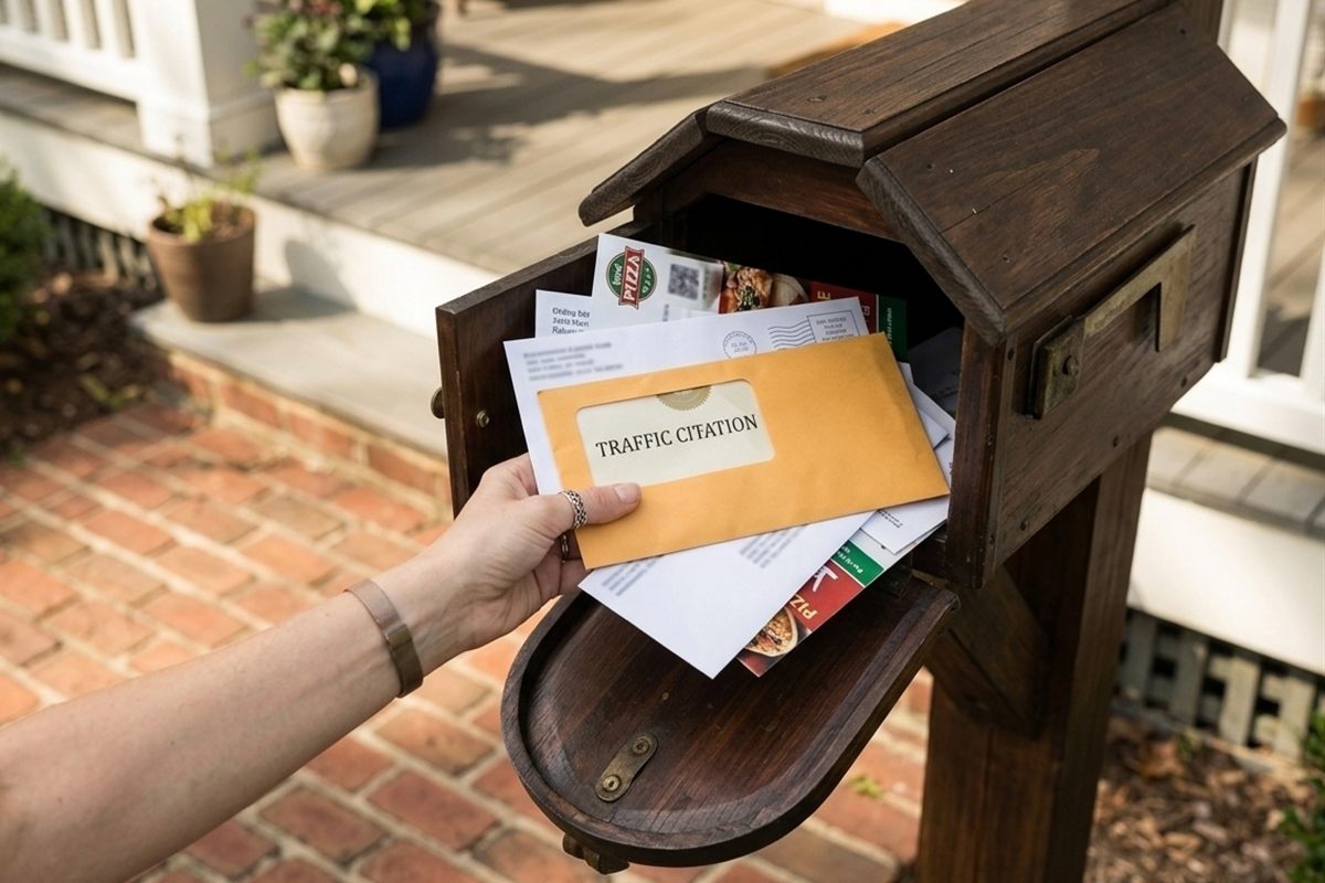 A hand taking a traffic citation envelope out of a home mailbox.