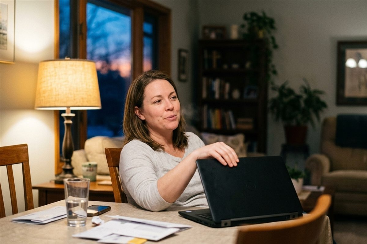 A woman closing her laptop at home in the evening, having finished the course.