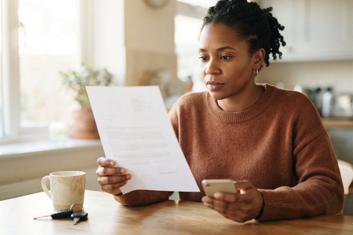 A woman at her kitchen table reading an official letter, phone in her other hand, working out what it requires.